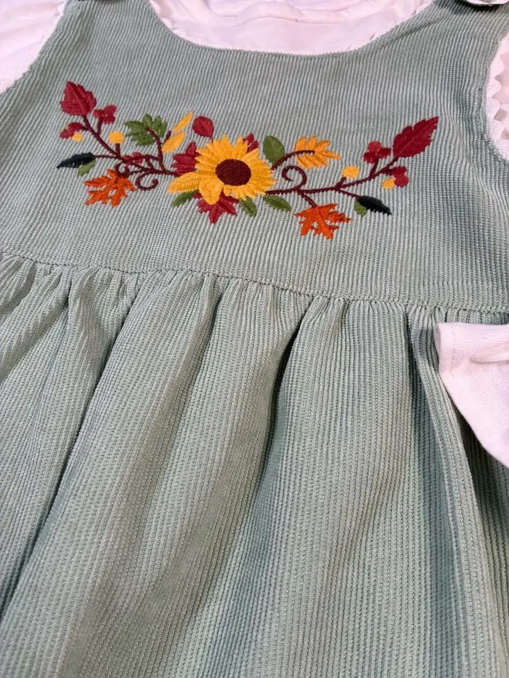 Babyhug Corduroy Sleeveless Frock and Floral Embroidered T-Shirt Set